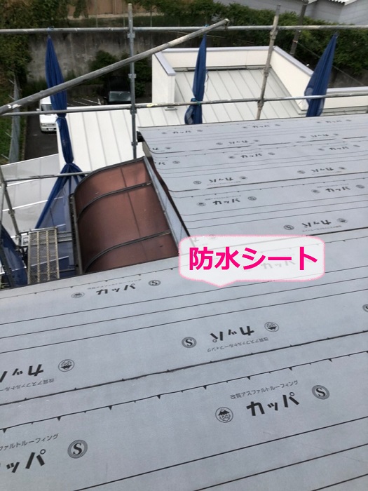３階建てハイツでの瓦棒屋根交換で防水シート貼り