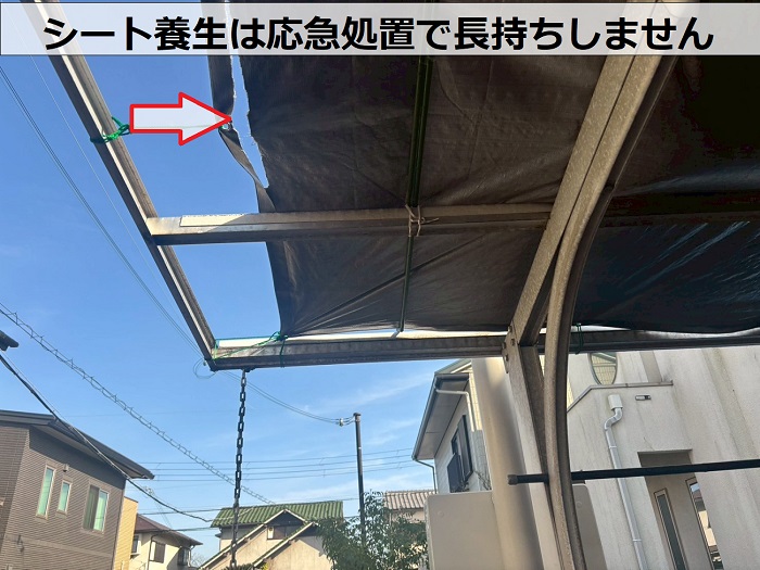 シート養生されたがレジ屋根