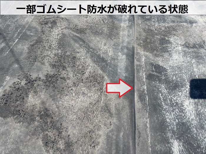 ゴムシート防水が破れている様子