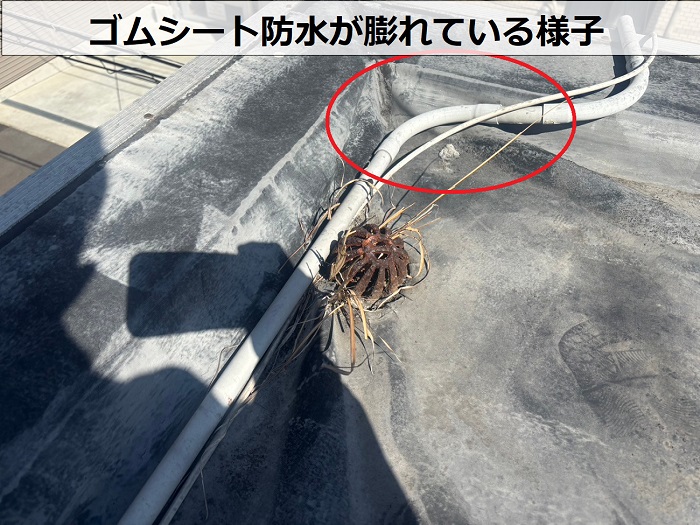 ゴムシート防水が膨れている様子