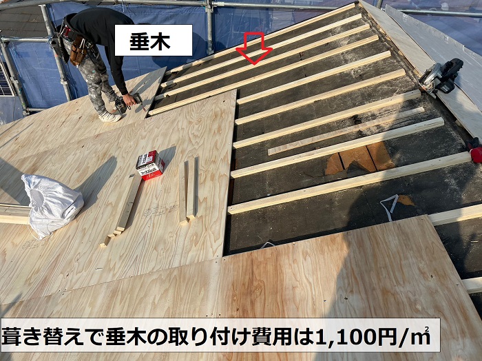 葺き替え工事で垂木を取り付ける費用は1㎡当たり1,100円