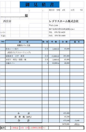 西宮市で面積２２㎡の連棟屋根で立平をカバー工事する見積書