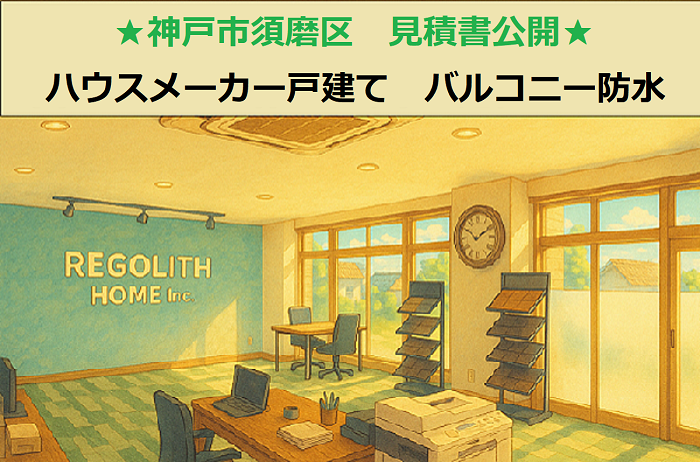 神戸市須磨区でハウスメーカー戸建てのバルコニー防水改修を行う現場の様子