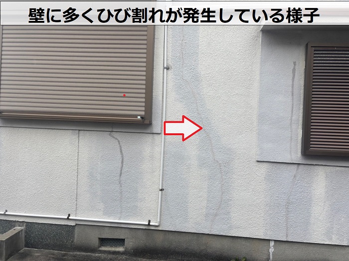 壁にひび割れが多く発生している様子