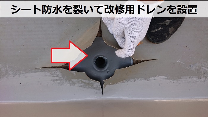 雨漏りしているシート防水を裂いて改修用ドレンを設置している様子