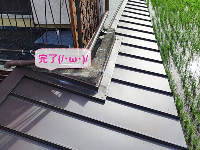 尼崎市の拡張屋根のカラーベストへ金属屋根をカバーする雨漏り修繕が完了した現場の様子