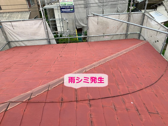 寄棟のスレート屋根に雨シミが発生している様子