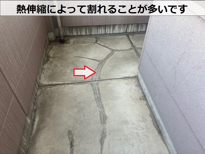 熱伸縮によって割れたコンクリート素地