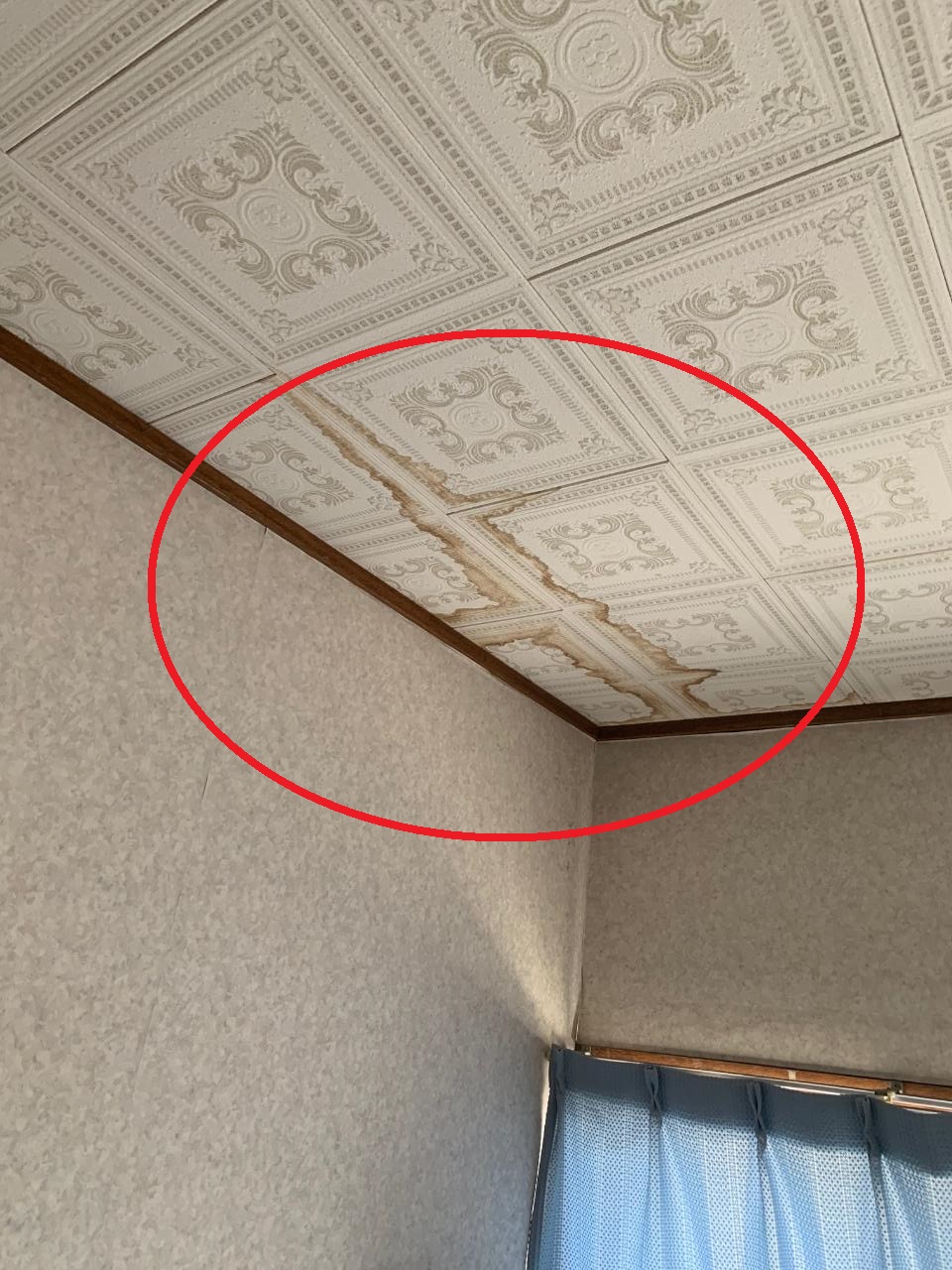 加古川市で間違った補修が原因で雨漏りしている室内の様子