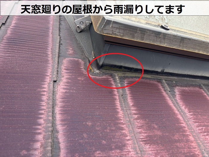 天窓廻りの屋根から雨漏りしている様子