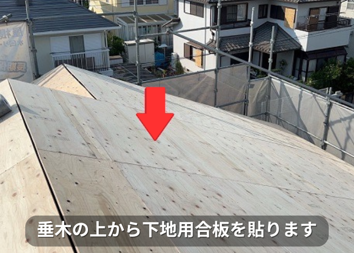 市川町 垂木の上から下地用合板を貼っている様子