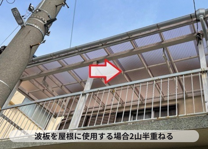 明石市　バルコニー屋根交換でポリカ波板を2山半重ねている様子
