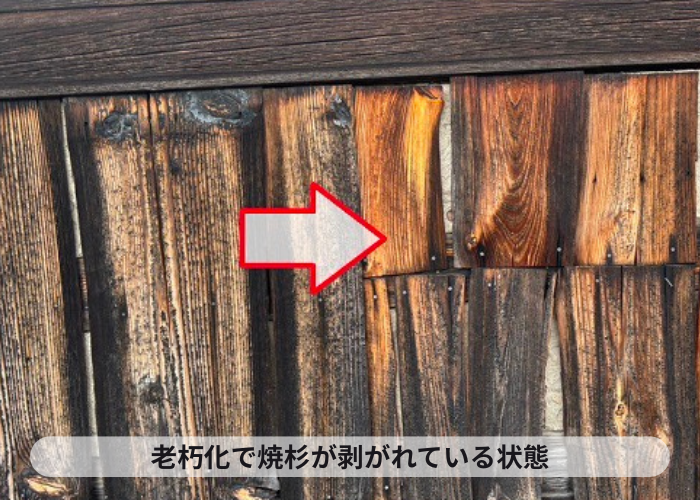 三木市で擁壁に貼られている焼杉が腐食している様子
