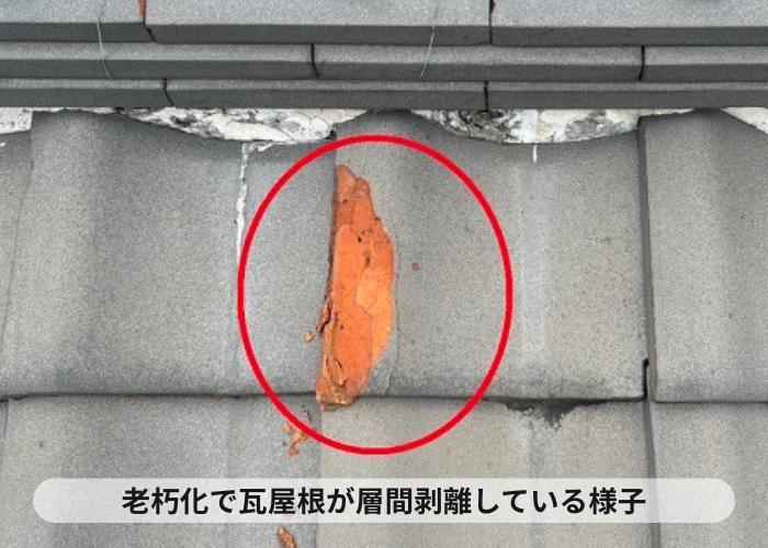 尼崎市　老朽化により瓦屋根が層間剝離している様子