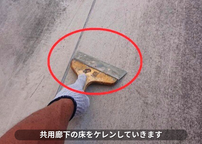 南あわじ市 アパートの共用廊下の床をケレンしている様子