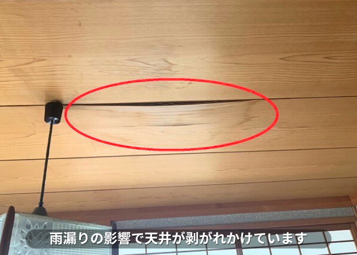 朝来市　ベランダからの雨漏りで天井が剥がれかけている様子
