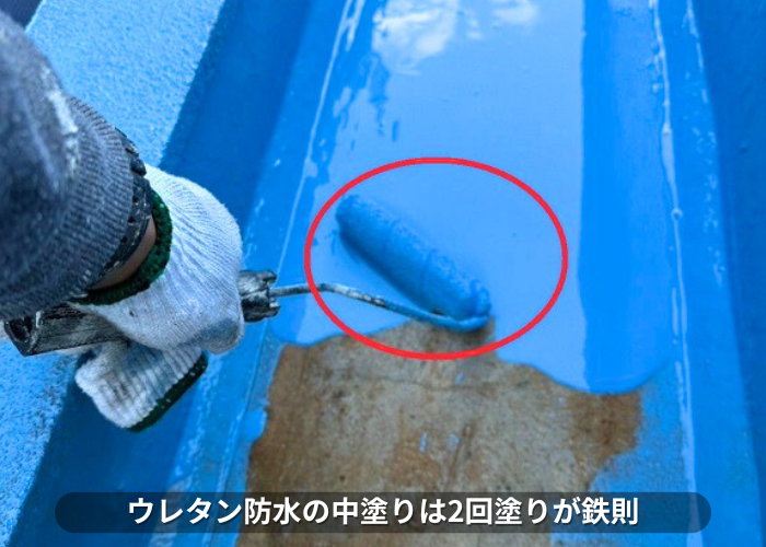 南あわじ市　屋根上の側溝の雨漏り修理で防水工事としてウレタン防水密着工法を行う現場で2回目の中塗り