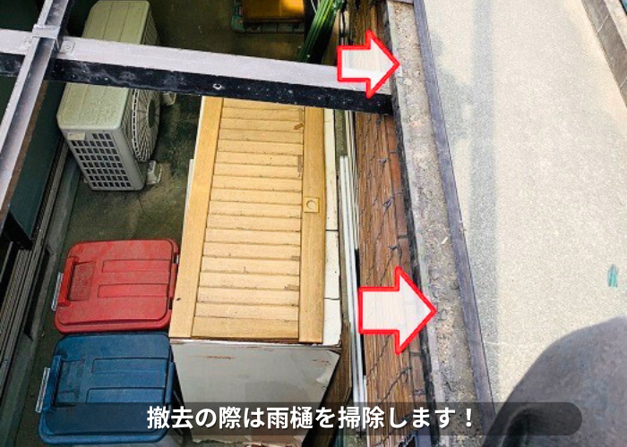 朝来市 物置屋根のポリカ波板撤去時に雨樋を清掃している様子
