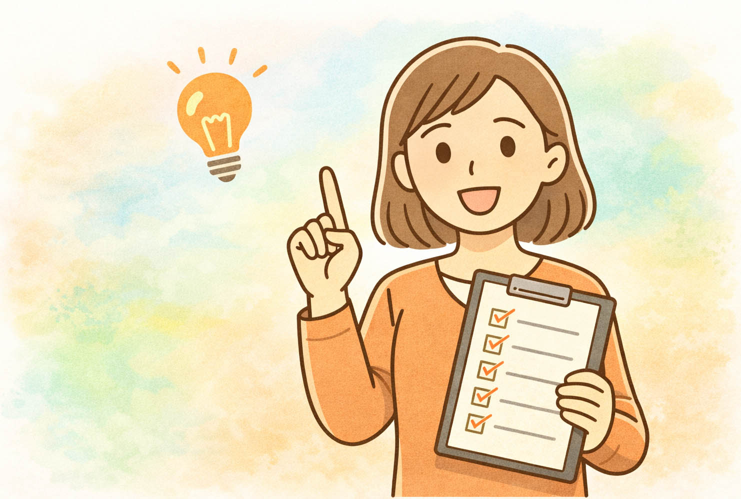 ポイント、ひらめいた、チェック、女性のイメージイラスト画像Image