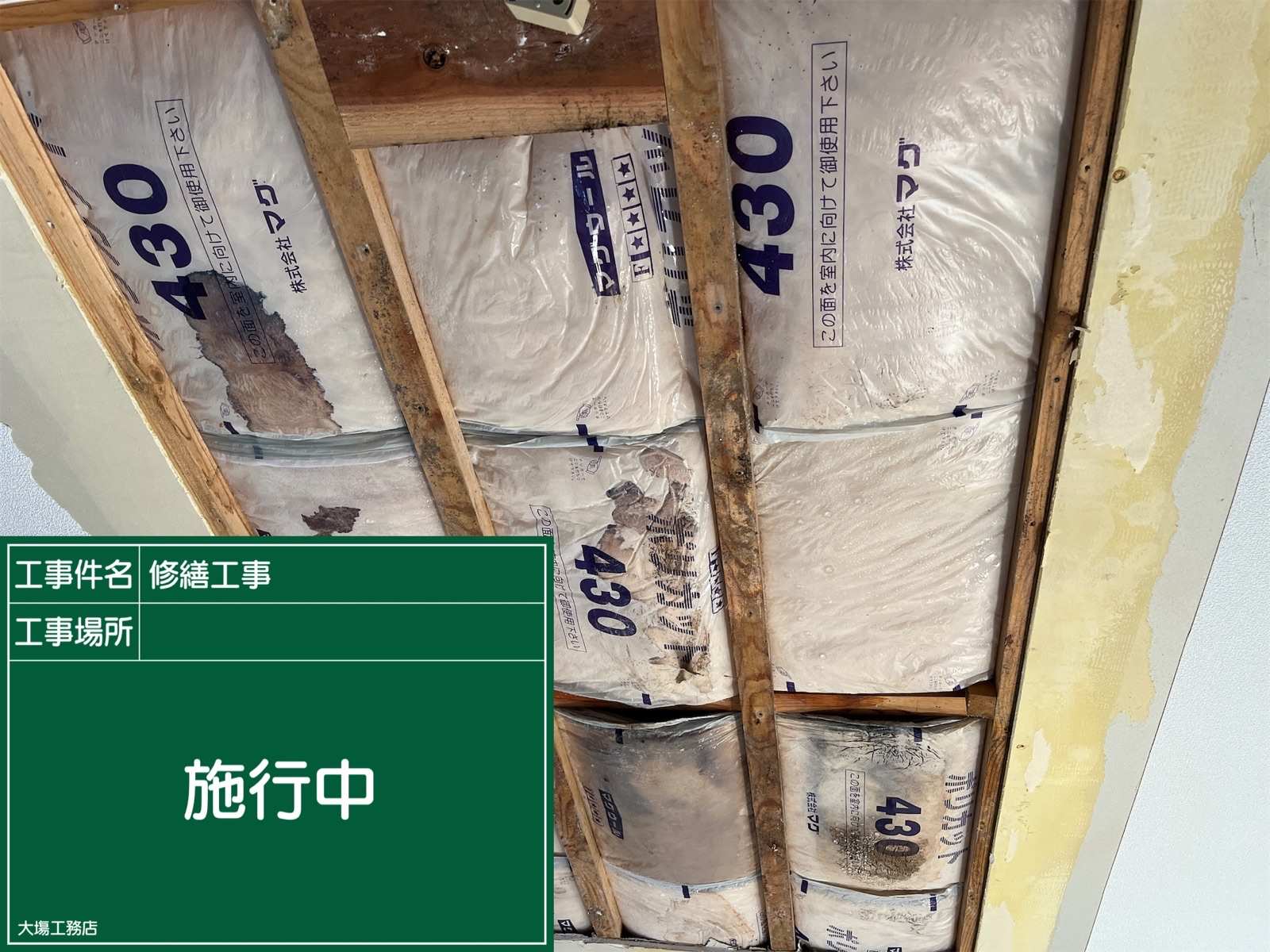 カビた断熱材、雨漏り天井石岡市