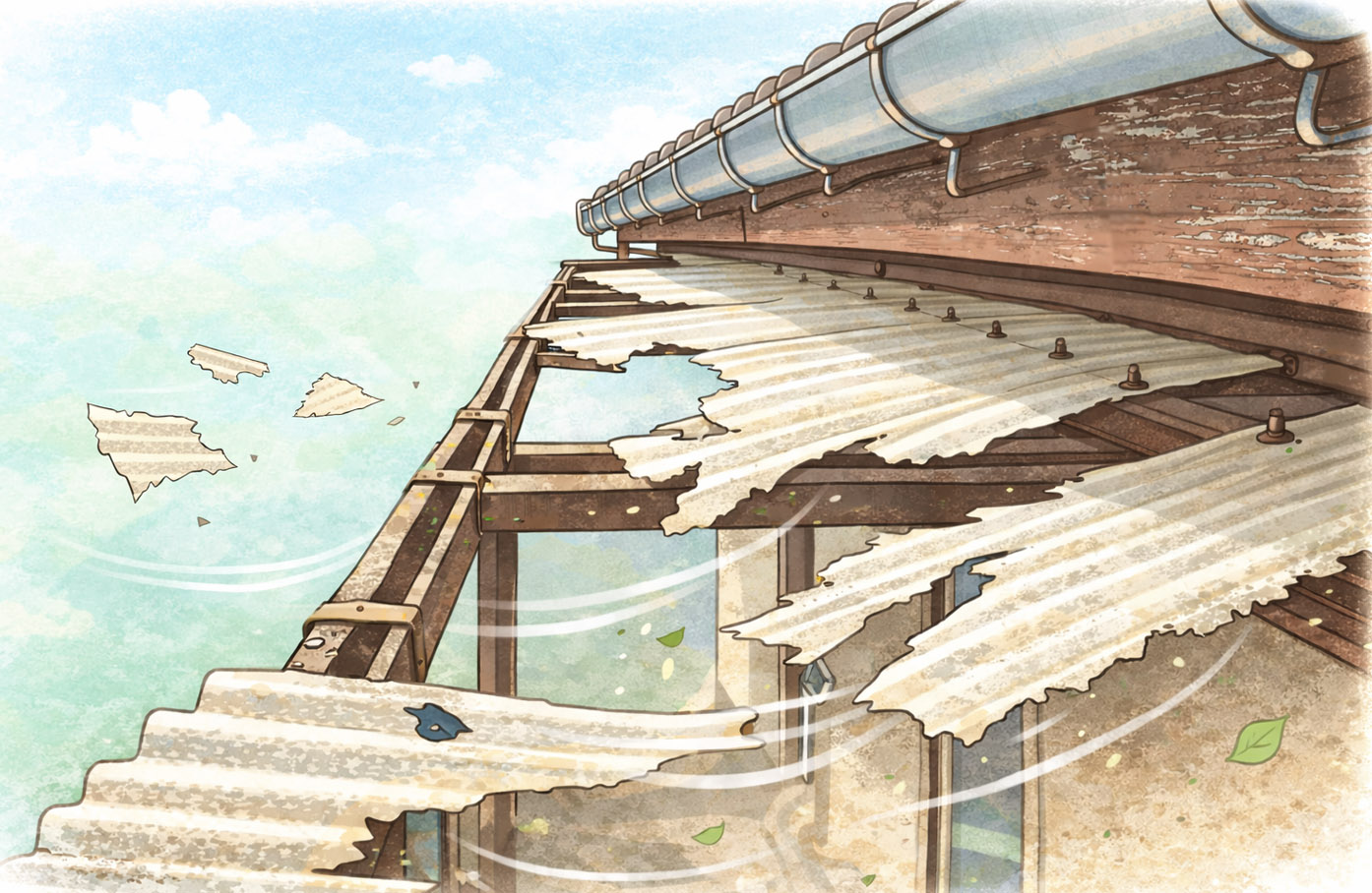 劣化したポリカ波板が風で飛んでいくイメージ画像Image