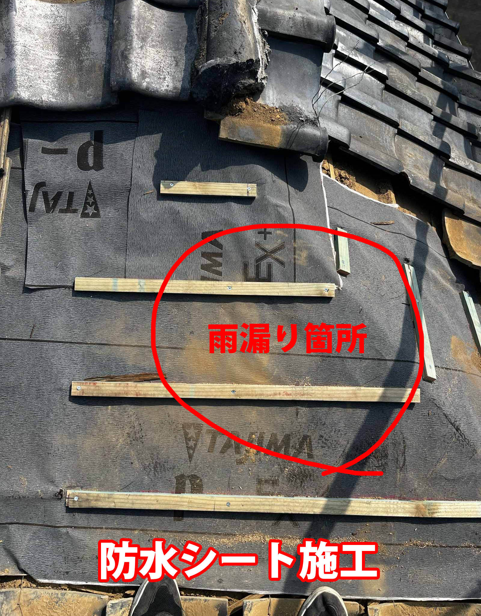 雨漏り箇所に防水シートを設置