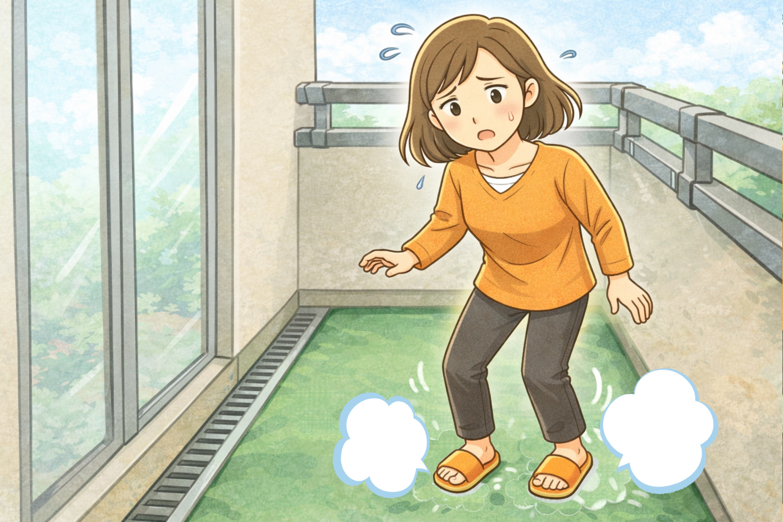 ベランダの床がフカフカして困っている女性