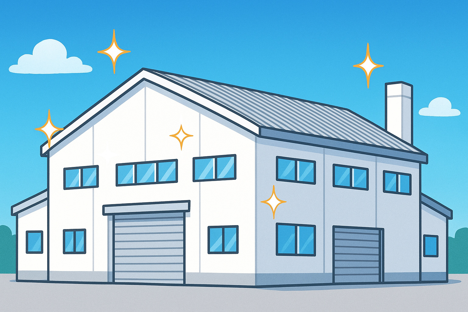 塗装をしてピカピカになって資産価値が向上された工場のイメージ画像イラスト