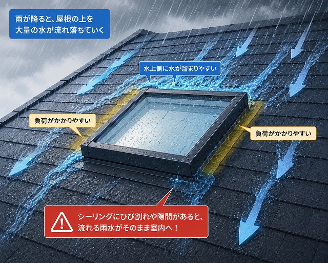 天窓は雨水の通り道になる