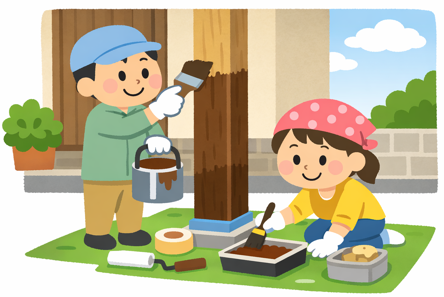 家の柱を塗装するDIYイメージ画像