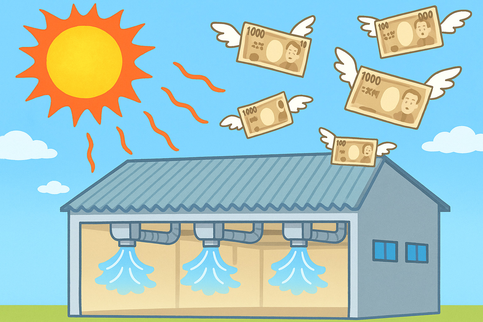 工場の冷房でお金が飛んでいくイメージ画像イラスト