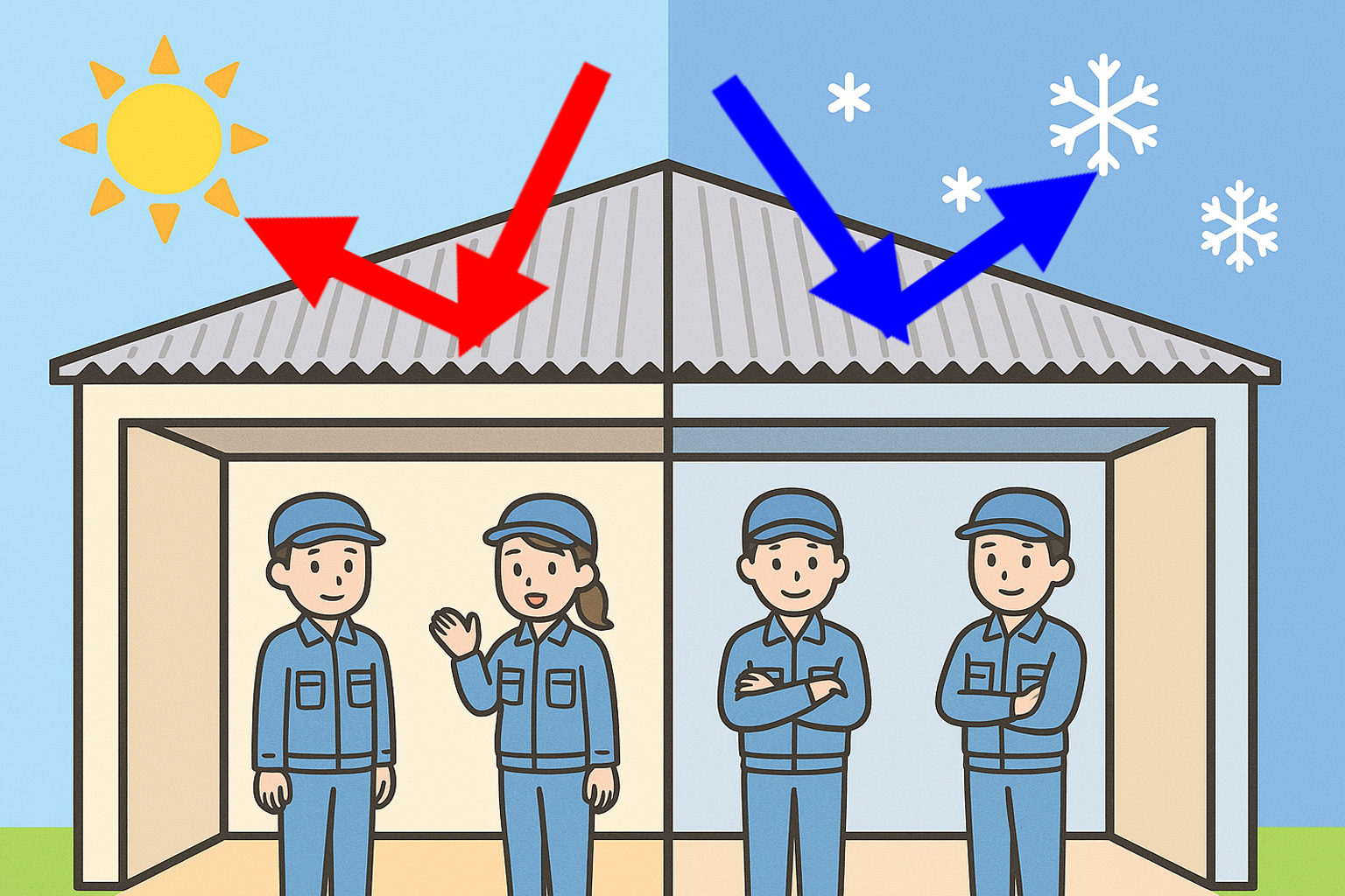 断熱塗装をした工場の季節対比イメージ画像イラスト2