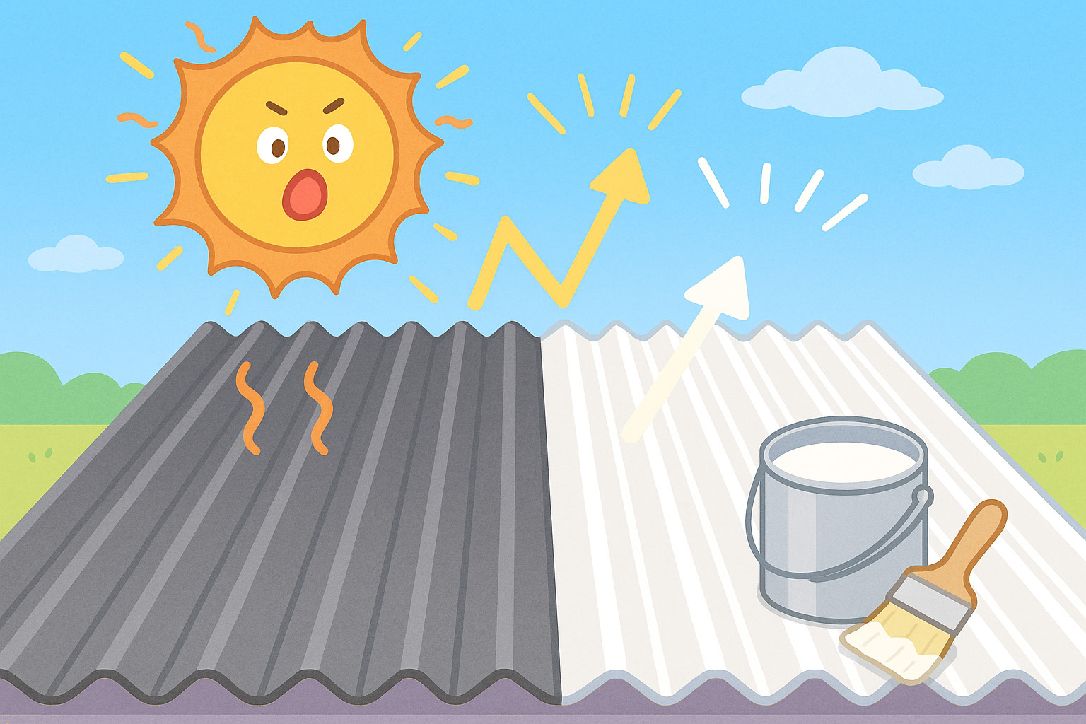 灼熱の折板屋根を断熱塗装で快適にするイメージイラスト画像