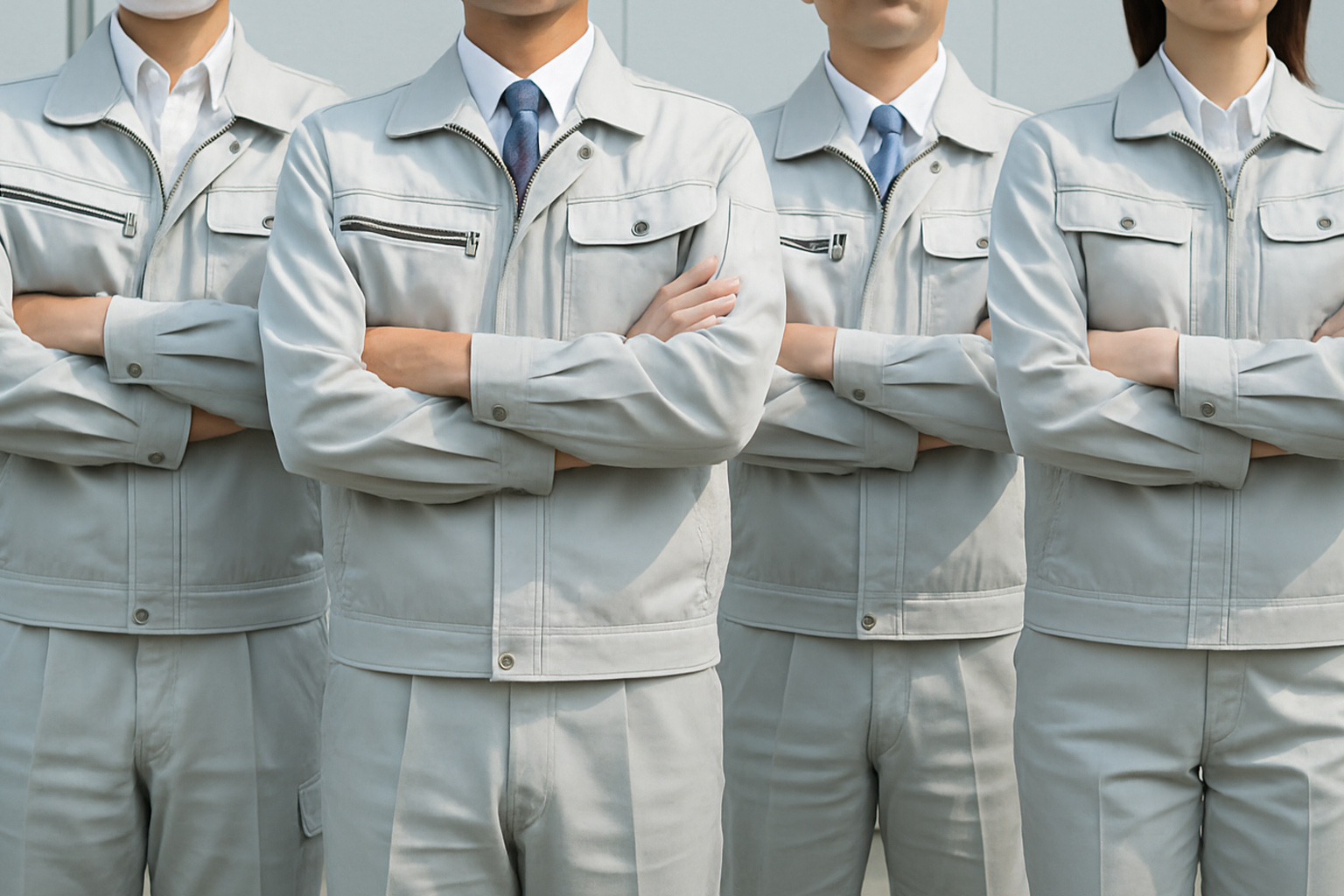 腕を組んで横に並ぶ作業着の集団のイメージ画像イラスト