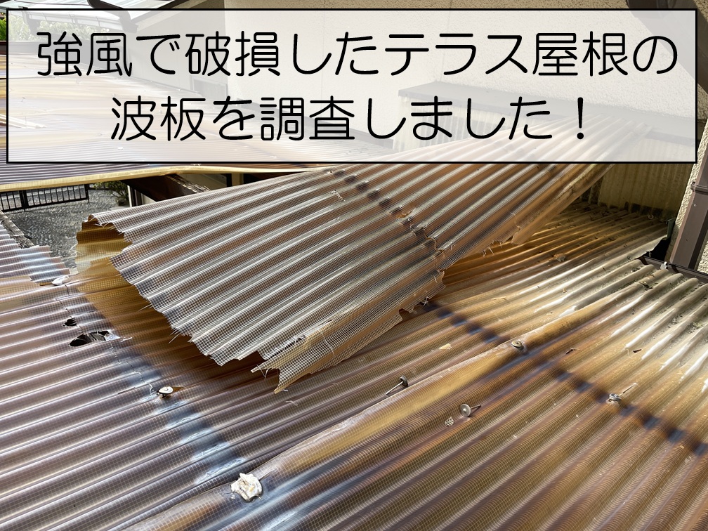 強風で破損したテラス屋根の波板を調査しました