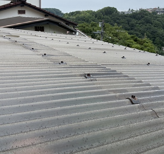 ポリカ波板全体に色あせや汚れが見られました。