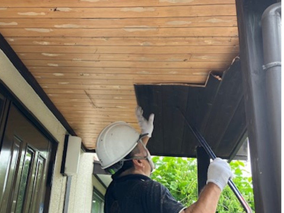 既存軒天を剥がす作業をしています