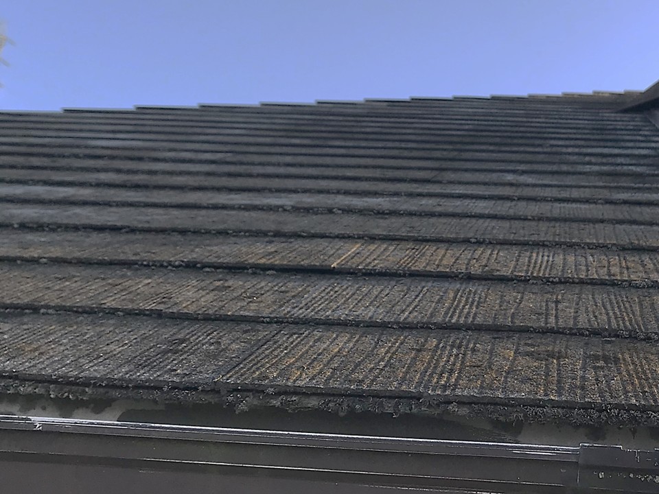 スレート屋根にコケが発生している状態