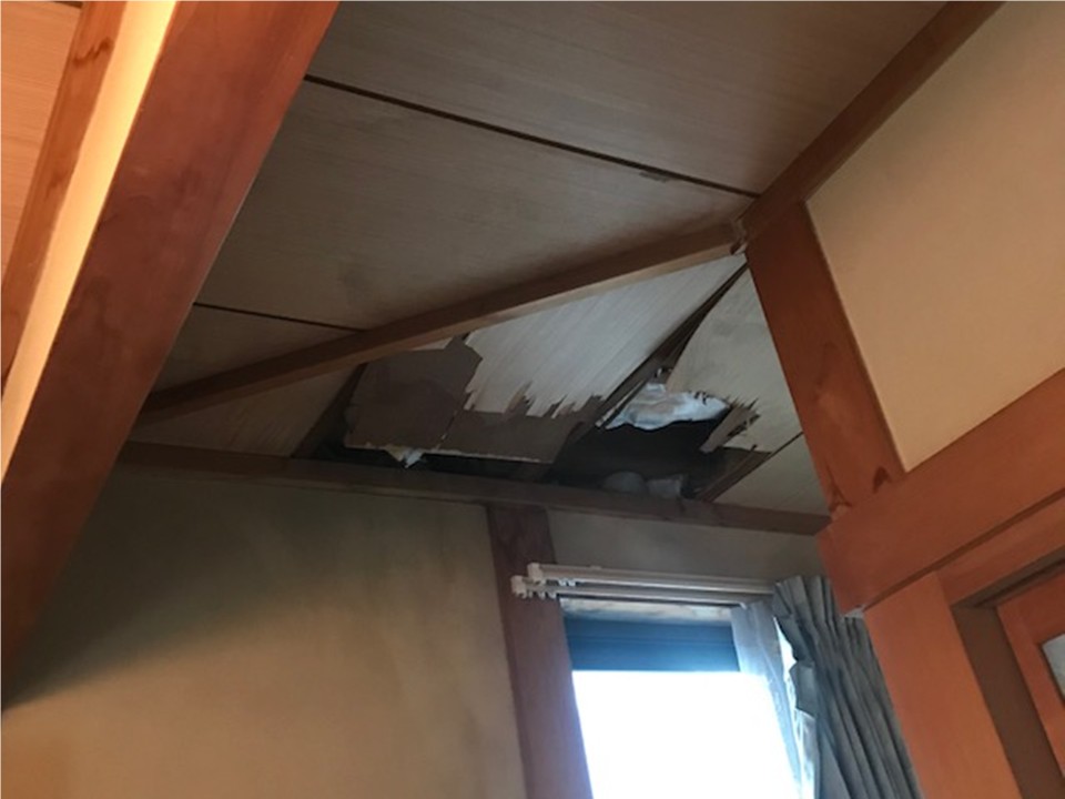 室内天井クロスが剥がれています