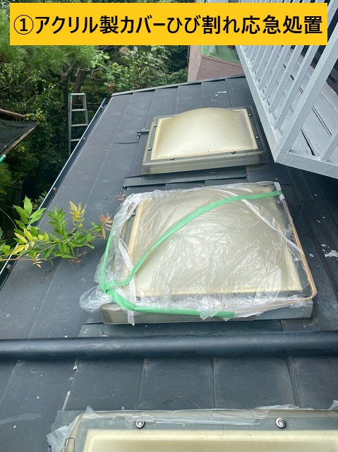 ビニール袋を被せて応急処置していました