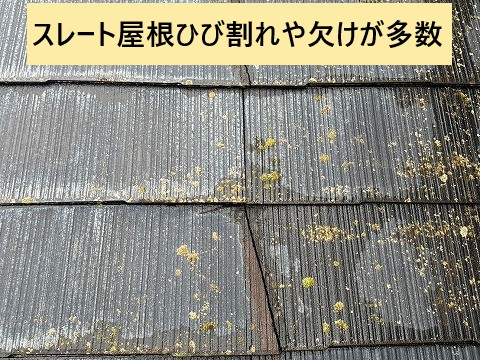 スレート屋根ひび割れや欠けが多数