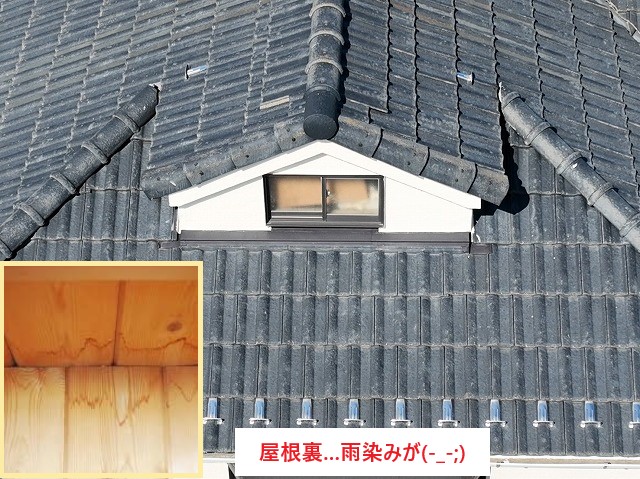 屋根裏には雨漏り跡が…