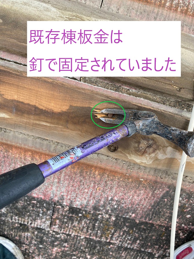 既存棟板金は釘で固定