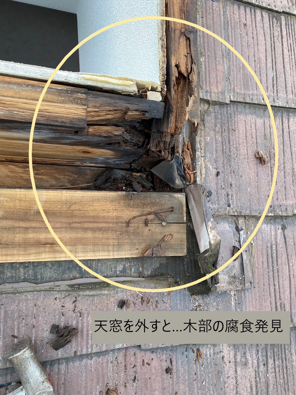 天窓の内部（木部）が腐食してボロボロに
