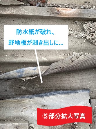 防水紙が破れ、野地板が剥き出しに
