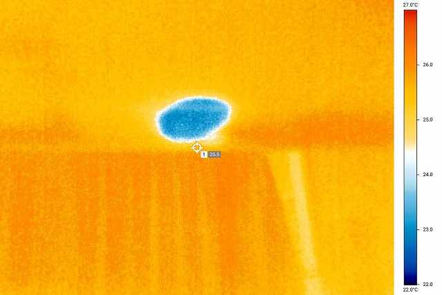 サーモグラフィーで天井を見ると、雨漏りしている箇所のみ色が違う