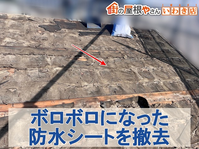 福島県いわき市　月日がたち劣化した防水シートの撤去作業
