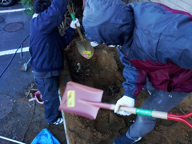 植込みの土を深く掘っているところ