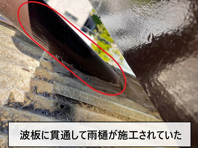波板に貫通して雨樋が施工されていた