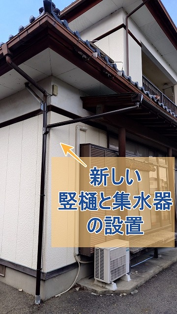 新しく設置された玄関脇の集水器と竪樋